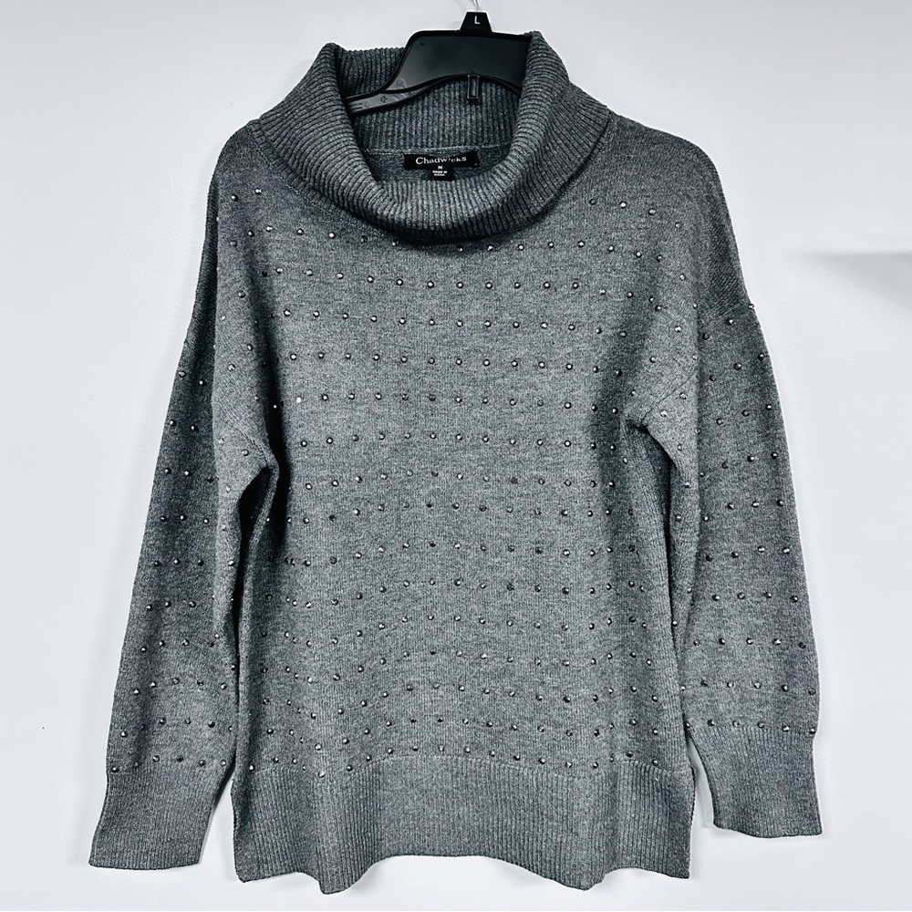 Chadwicks of Boston Cowl Neck Gray Rhinestone Studded Sweater Size M EUC!